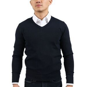 Real Cashmere Dark Blue V-Neck Fine Cashmere Blend Mens Sweater